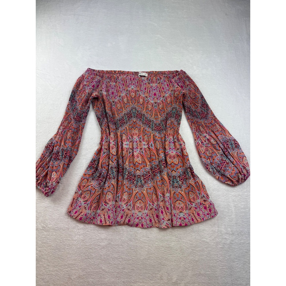 Rose + Olive Pink Orange Paisley Off The Shoulder Smocked Puff Sleeve Boho Top